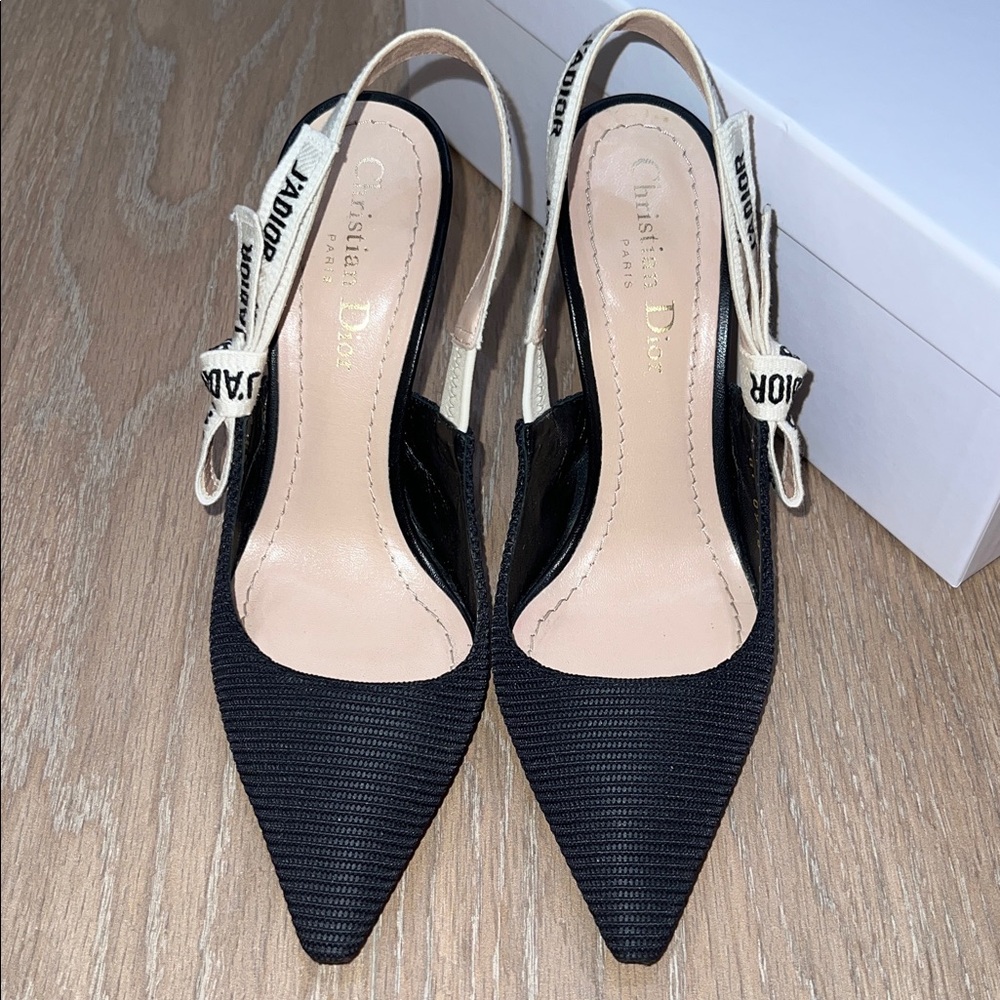 Dior Black and Cream Slingback Pointed Toe Heels - Picture 2 of 16